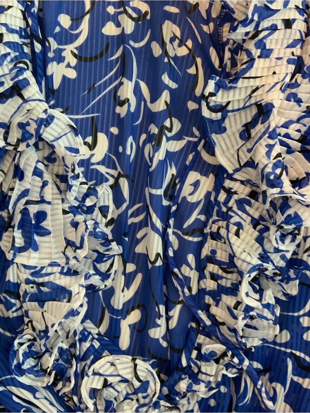 Retro 80’s Blue/ White Floral Ruffle-Trim Midi Pleated Dress Sz Large - Picture 6 of 6